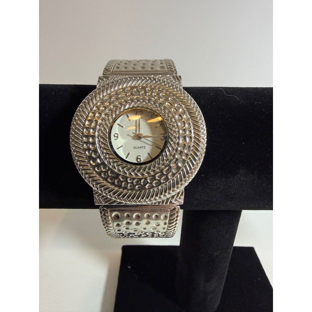 Vintage Ornate Gunmetal Quartz Cuff Watch With Expanding Textured Metal Band